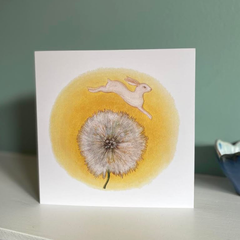 Rabbit Greeting card - bunny and dandelion clock card, Easter card 