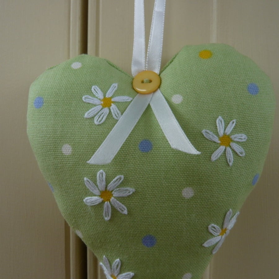  SALE    Green Spotty Heart With Embroidered Flower Detail