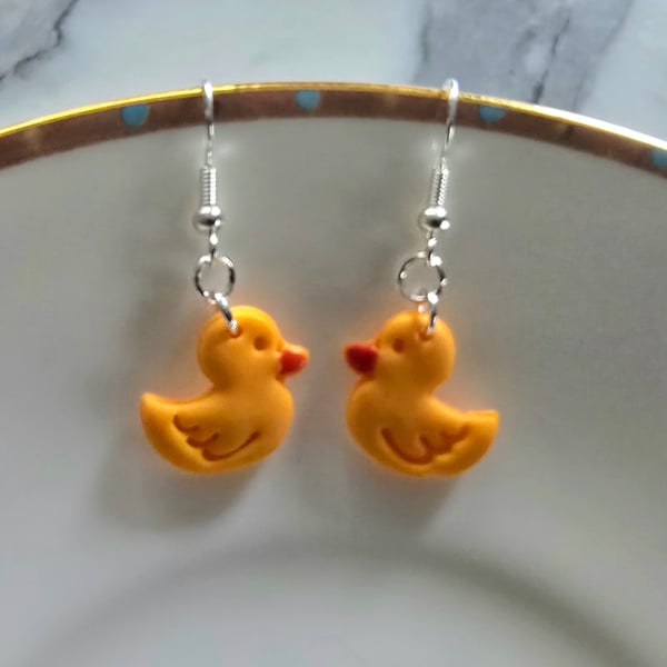 Polymer clay duck earrings on silver plated earhooks