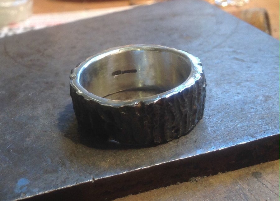 Sterling silver bark ring with Black oxidised finish