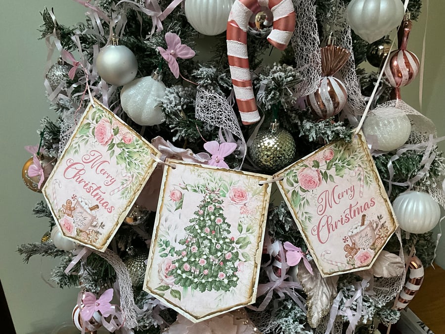 Shabby Chic Pink Christmas Bunting Banner, Pink Christmas Decor