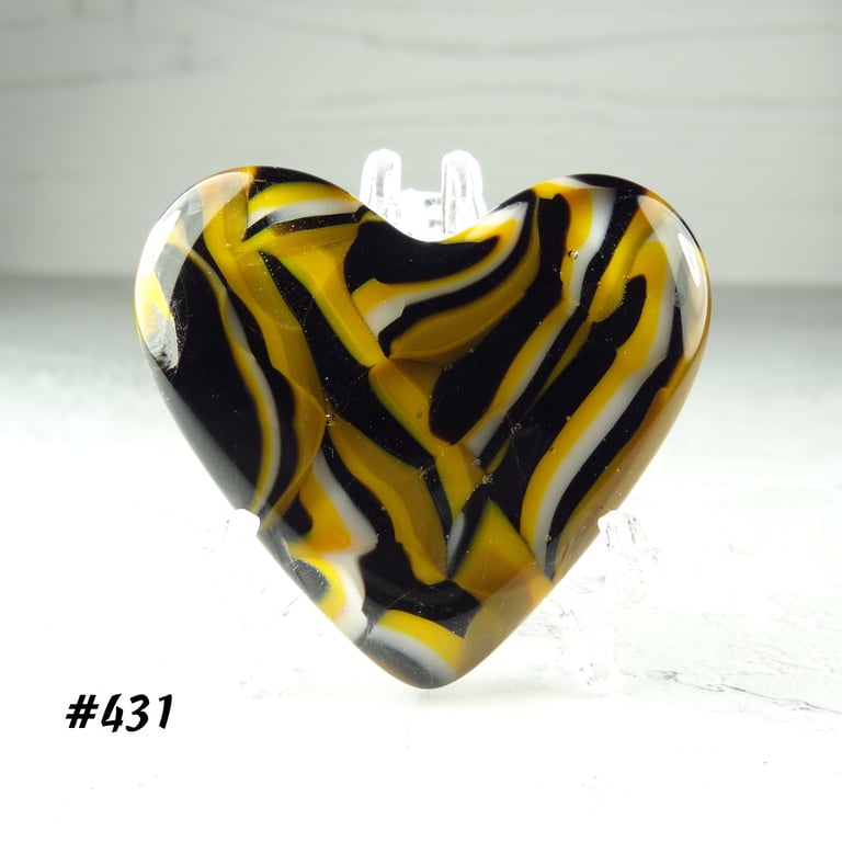 Orange black fused glass heart with acrylic stand, 5x4.5cm (431)