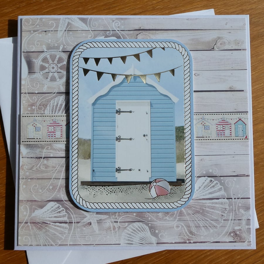 Beach Hut and Bunting Card - Gold Detail - Birthday, Retirement