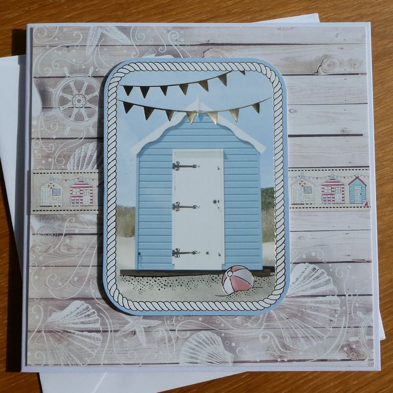 Beach Hut and Bunting Card - Gold Detail - Birthday, Retirement