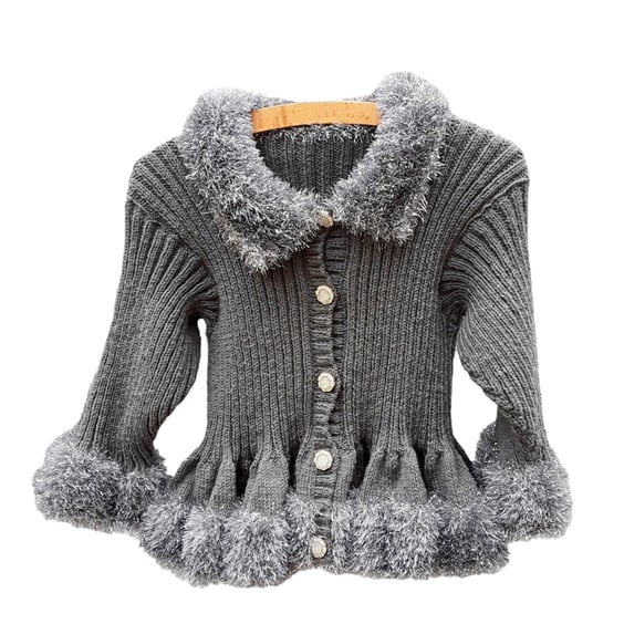 Grey knitted girls cardigan with tinsel yarn 30 inch chest 