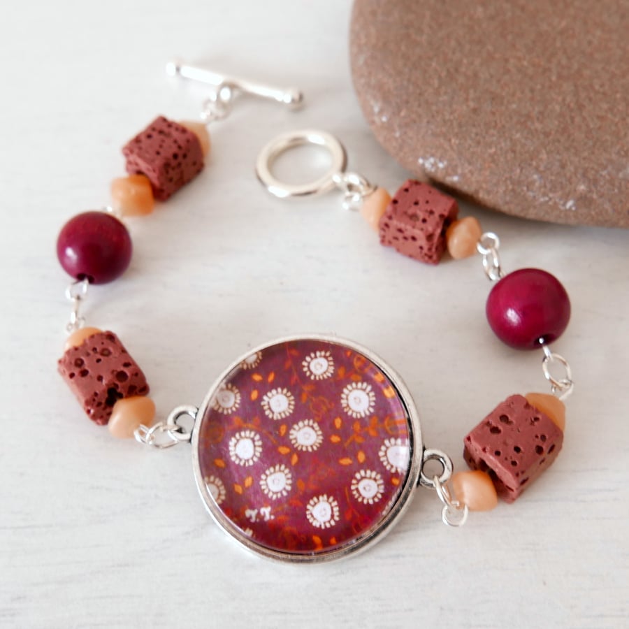 Burgundy Bracelet, Flower Bracelet, Dusty Pink Lava Beads, Folk Art Pendant