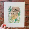 “Life happens, coffee helps” watercolour mugs and greenery illustration