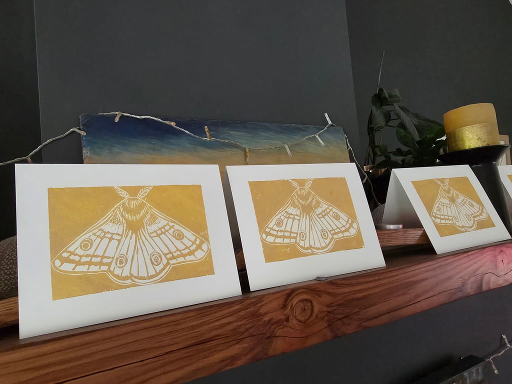 Emperor Moth gold linocut card (open edition)