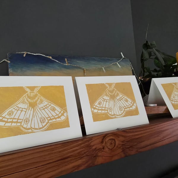 Emperor Moth gold linocut card (open edition)