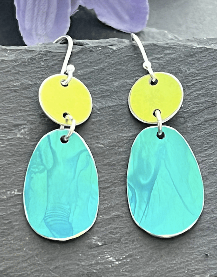 Hand Painted Aluminium Earrings - Lime and Turquoise 