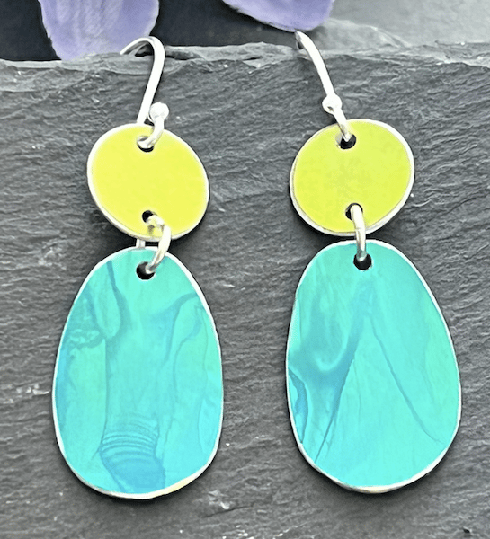 Hand Painted Aluminium Earrings - Lime and Turquoise 