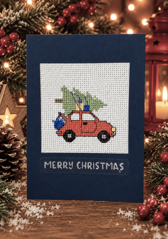 Handmade Cross Stitch Car & Christmas Tree Card – 6 x 4 Inch