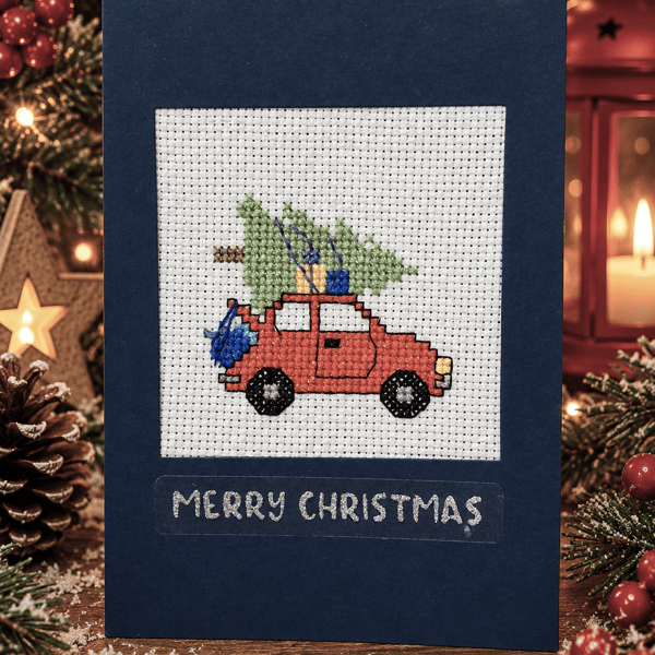 Handmade Cross Stitch Car & Christmas Tree Card – 6 x 4 Inch