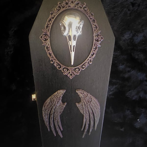 Bird's Raven Skull Cameo Gothic Style Coffin Trinket, Jewellery, Keepsafe Box