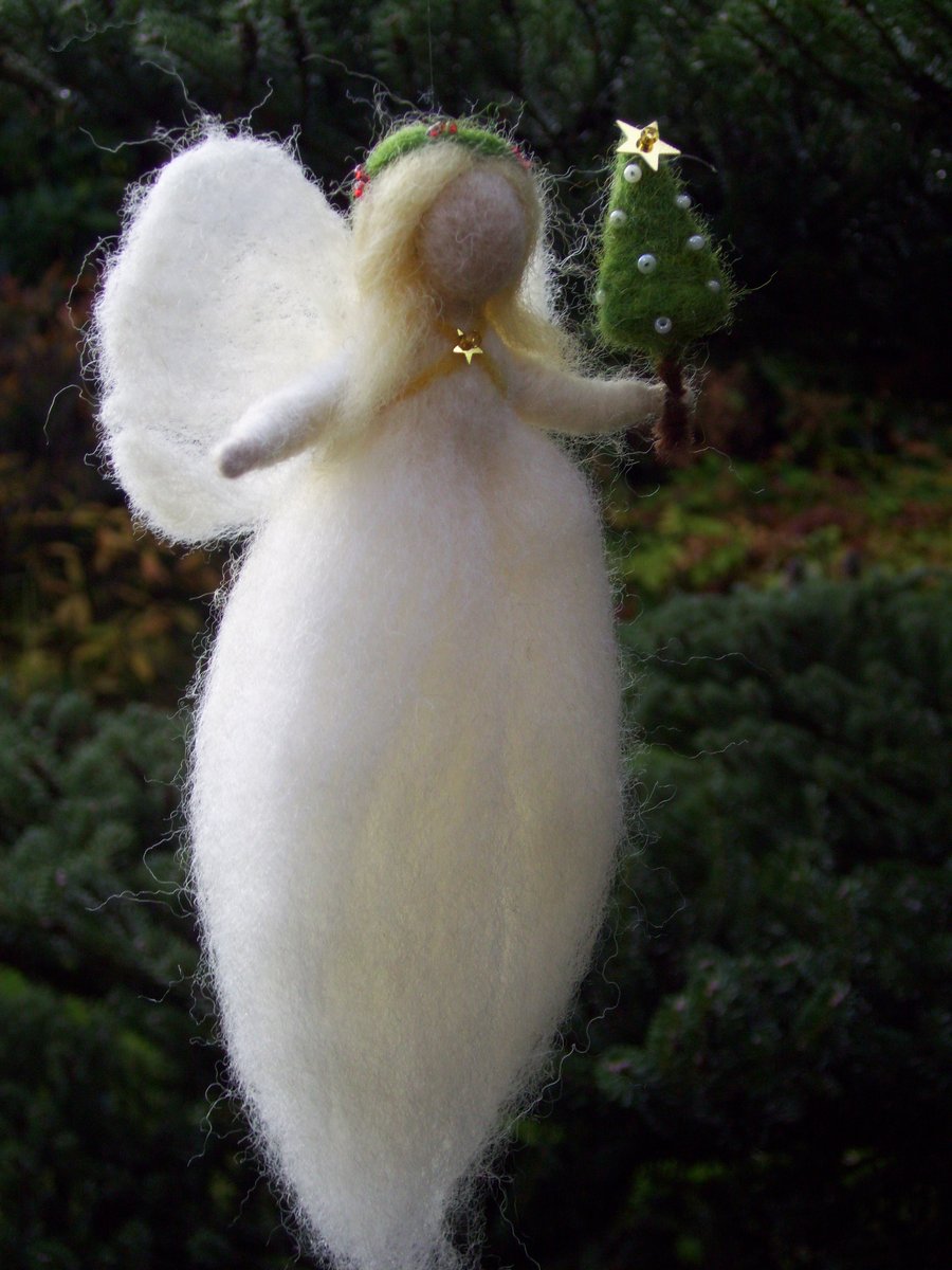 Needle Felted Christmas Tree Angel - Waldorf Style - Holiday Gift