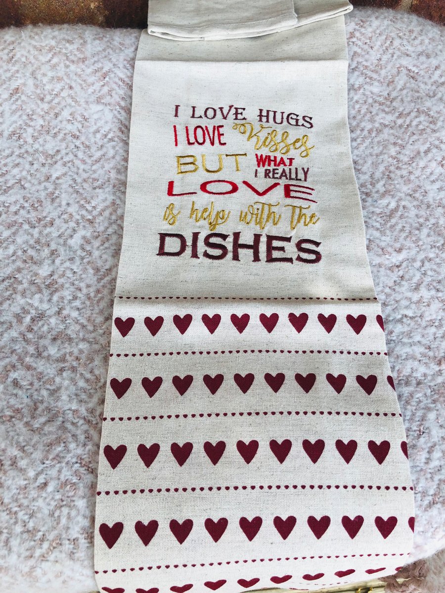 Embroidered tea towel - I Love Hugs