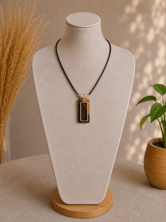 Upcycled Rectangle Wood Pendant & Steel Frame Short Length Unique Wood Necklace