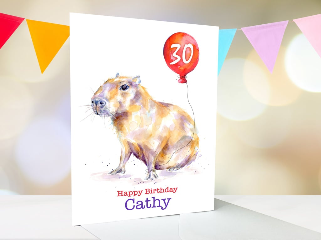 Personalised capybara birthday card, premium quality, 8th, 21st, 30th, 60th