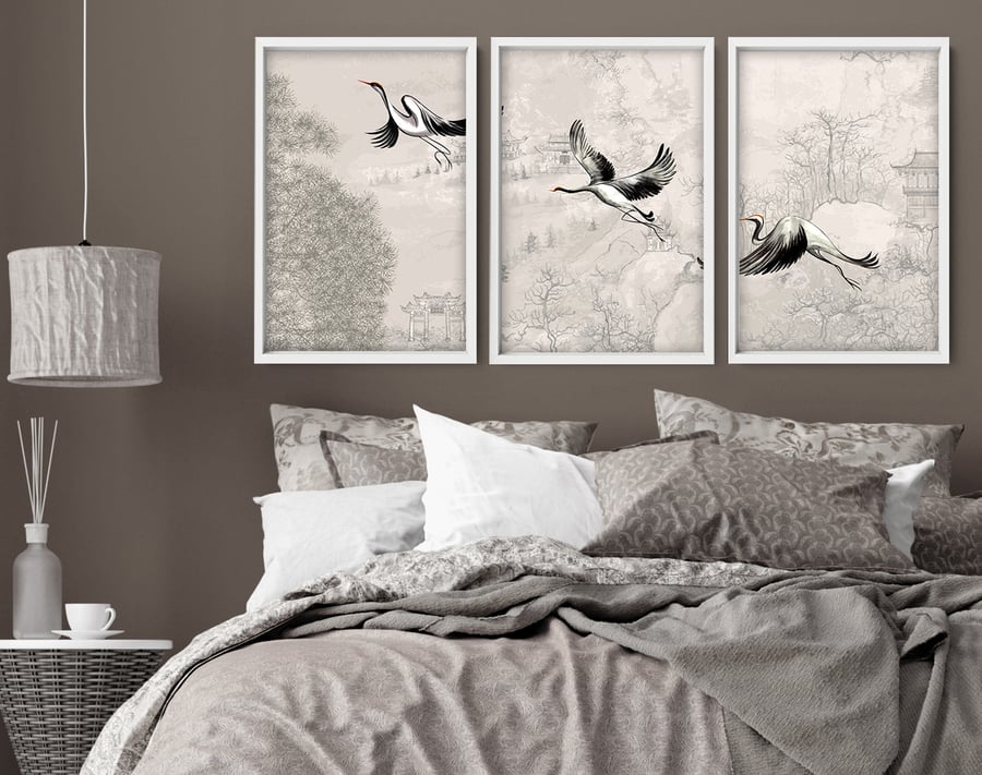 Office decor wall art Set of 3 Prints, Cranes Japanese art Home decor, calming 