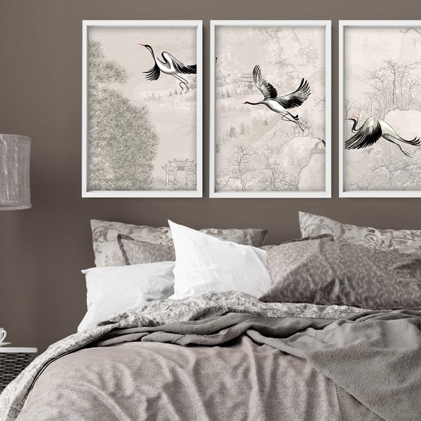 Office decor wall art Set of 3 Prints, Cranes Japanese art Home decor, calming 