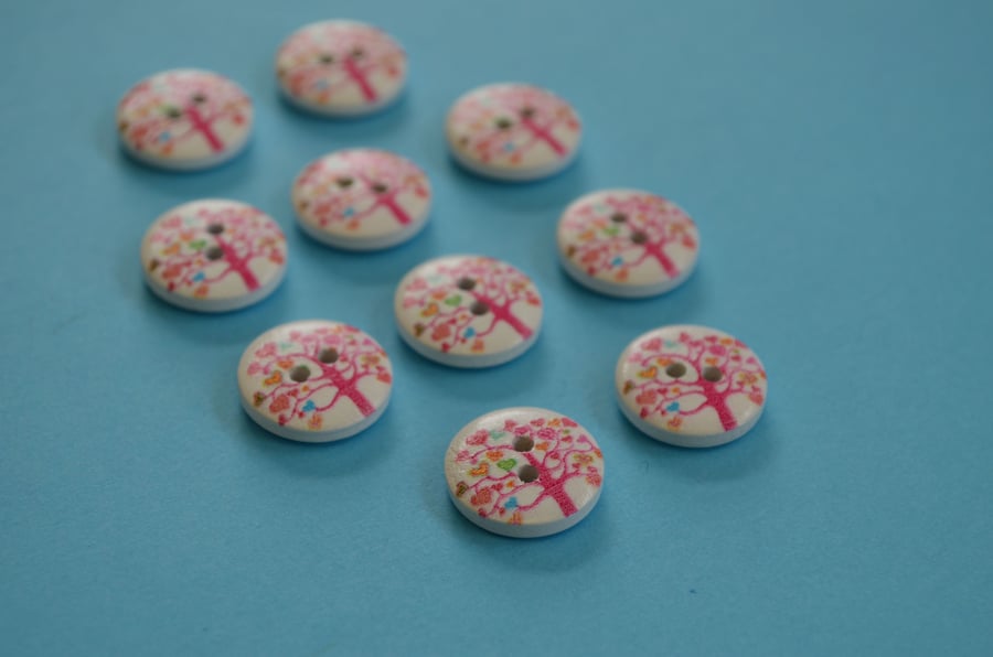 15mm Wooden Tree Buttons Pink White Multi 10pk Heart Leaves (ST3)