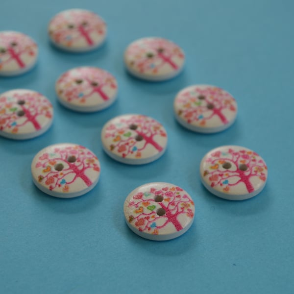 15mm Wooden Tree Buttons Pink White Multi 10pk Heart Leaves (ST3)