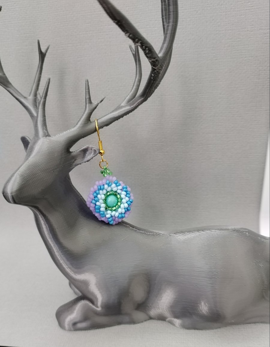 blue and lilac spiral beaded earrings