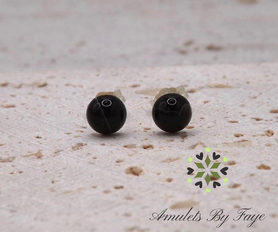 Black Banded Agate 6mm Gemstones, Sterling Silver Earrings. Middle White Bands.