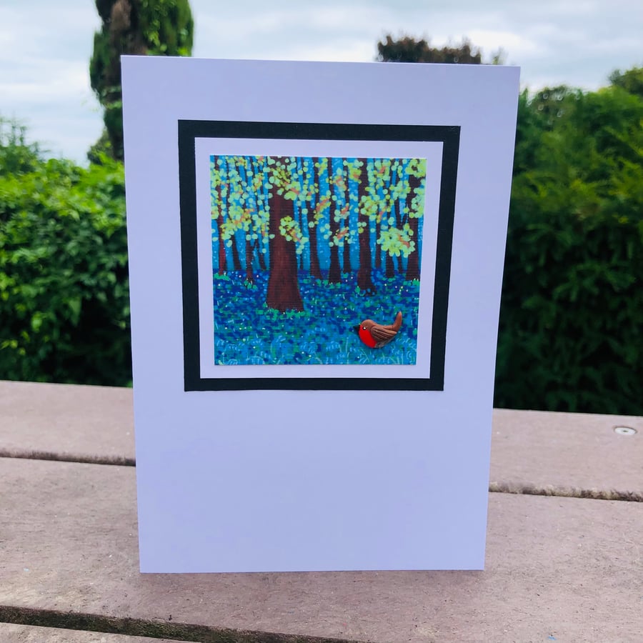 Robin in the Bluebell Wood Blank Card