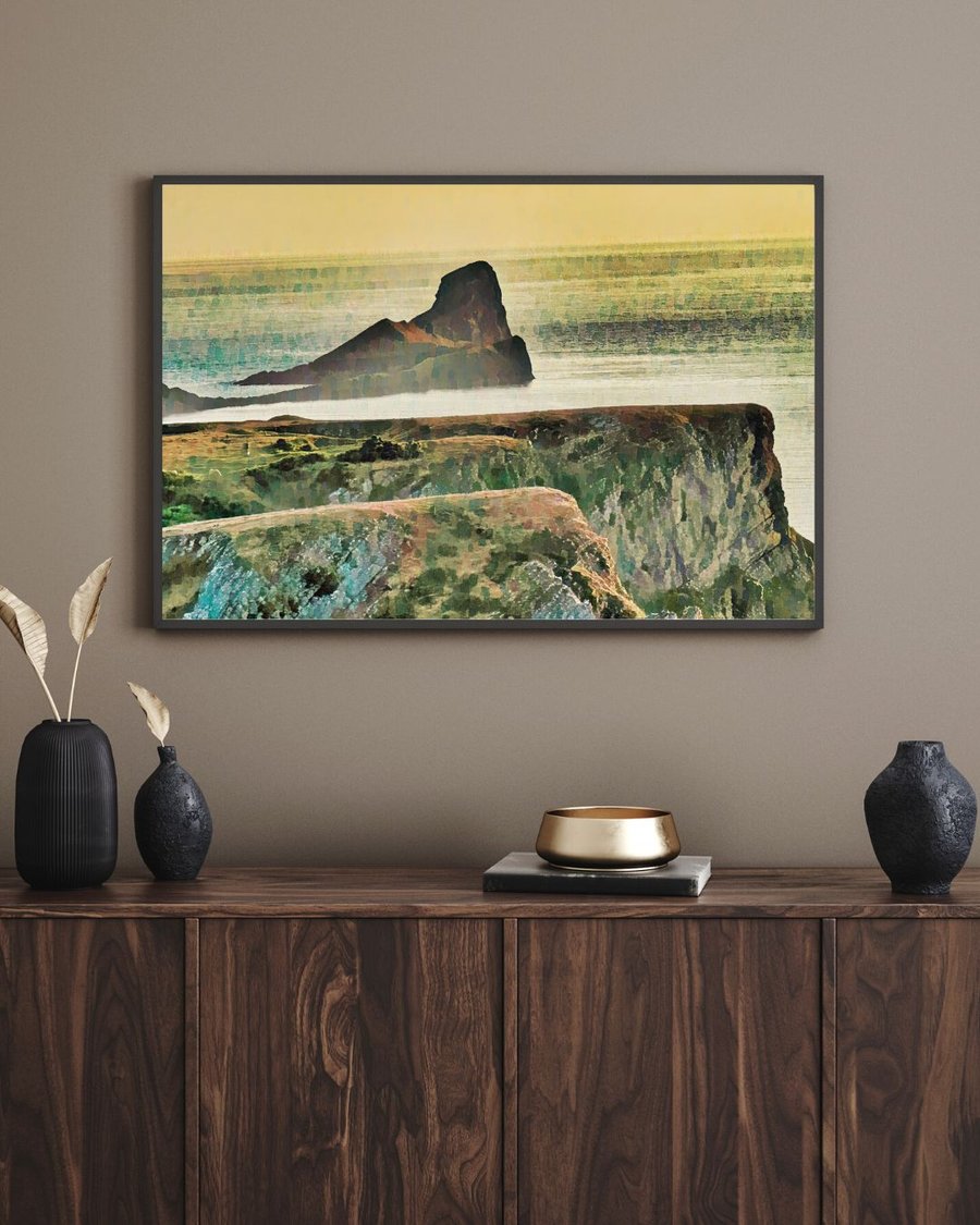 The Worms Head Rhossili, Gower Summer Solstice Gouache Wall Art Print
