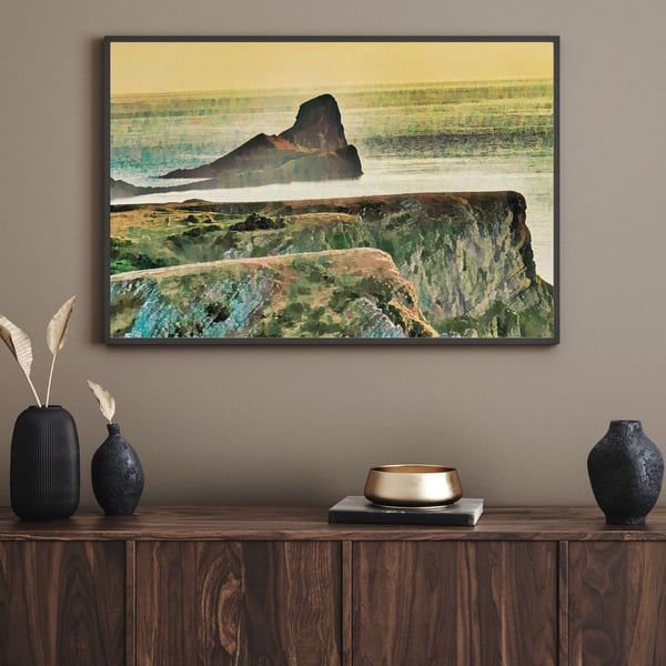 The Worms Head Rhossili, Gower Summer Solstice Gouache Wall Art Print