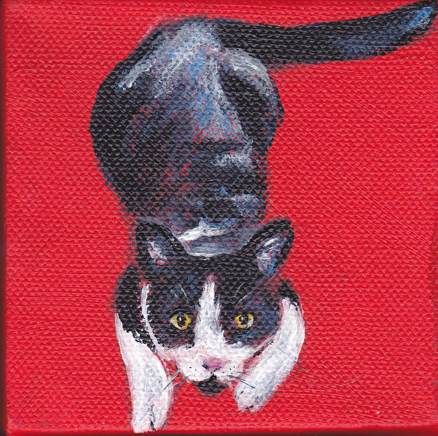 Kitten Play With Me! Original Acrylic Painting on Box Canvas OOAK Cat Art