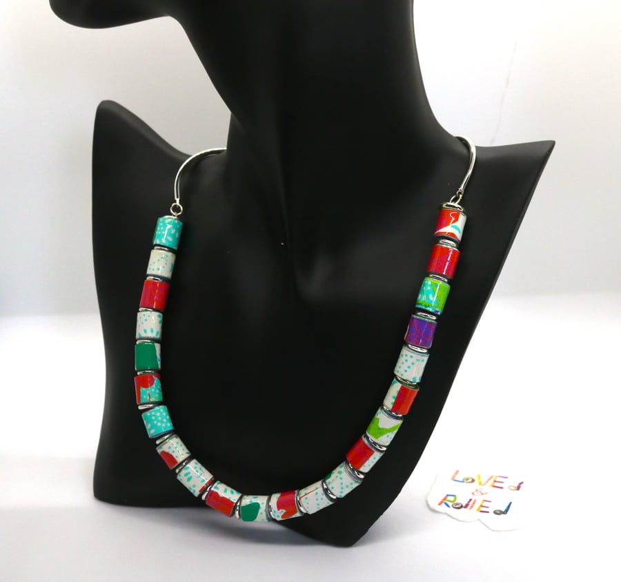 A colourful pastel shades paper beads collar length necklace