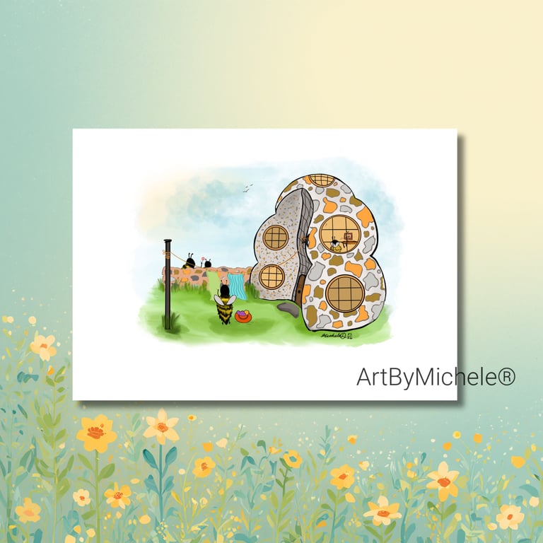 Washing Day At Bee Cottage Illustration Print