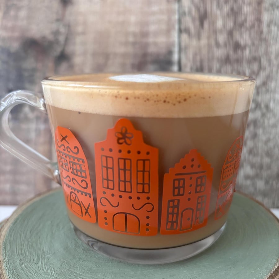 Glass Mug: Digital hand drawn Gingerbread Village Holiday Coffee Cup