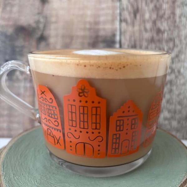 Glass Mug: Digital hand drawn Gingerbread Village Holiday Coffee Cup