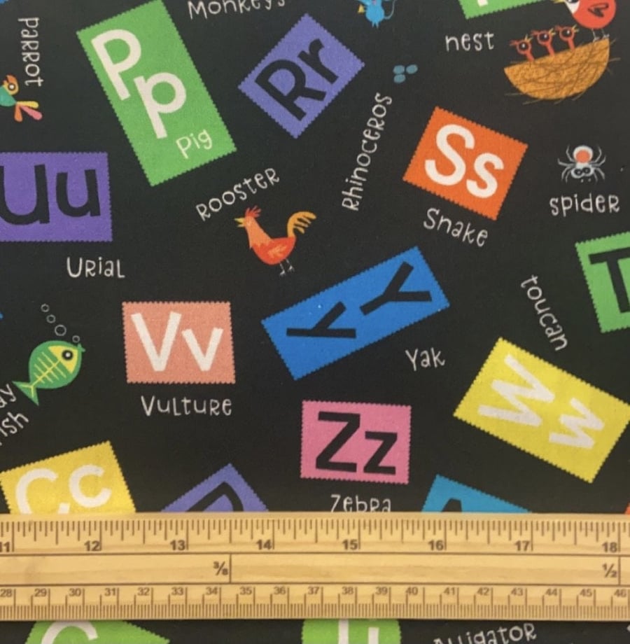 Fat Quarter Alphabet Scramble On Black 100% Cotton Quilting Sewing Fabric