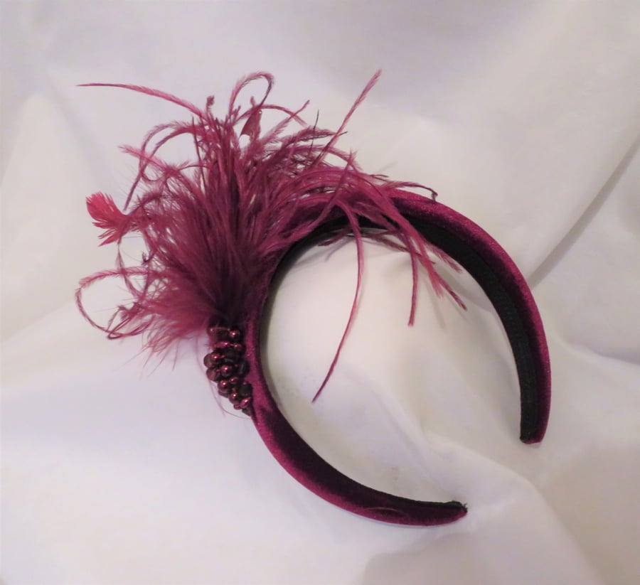 Burgundy Feather and Crystal Velvet Padded Headband 