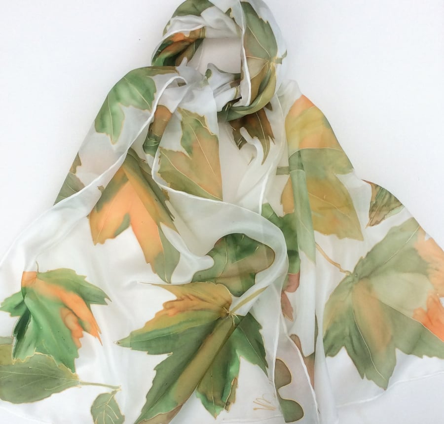 Autumn leaves tinged with gold hand painted silk scarf