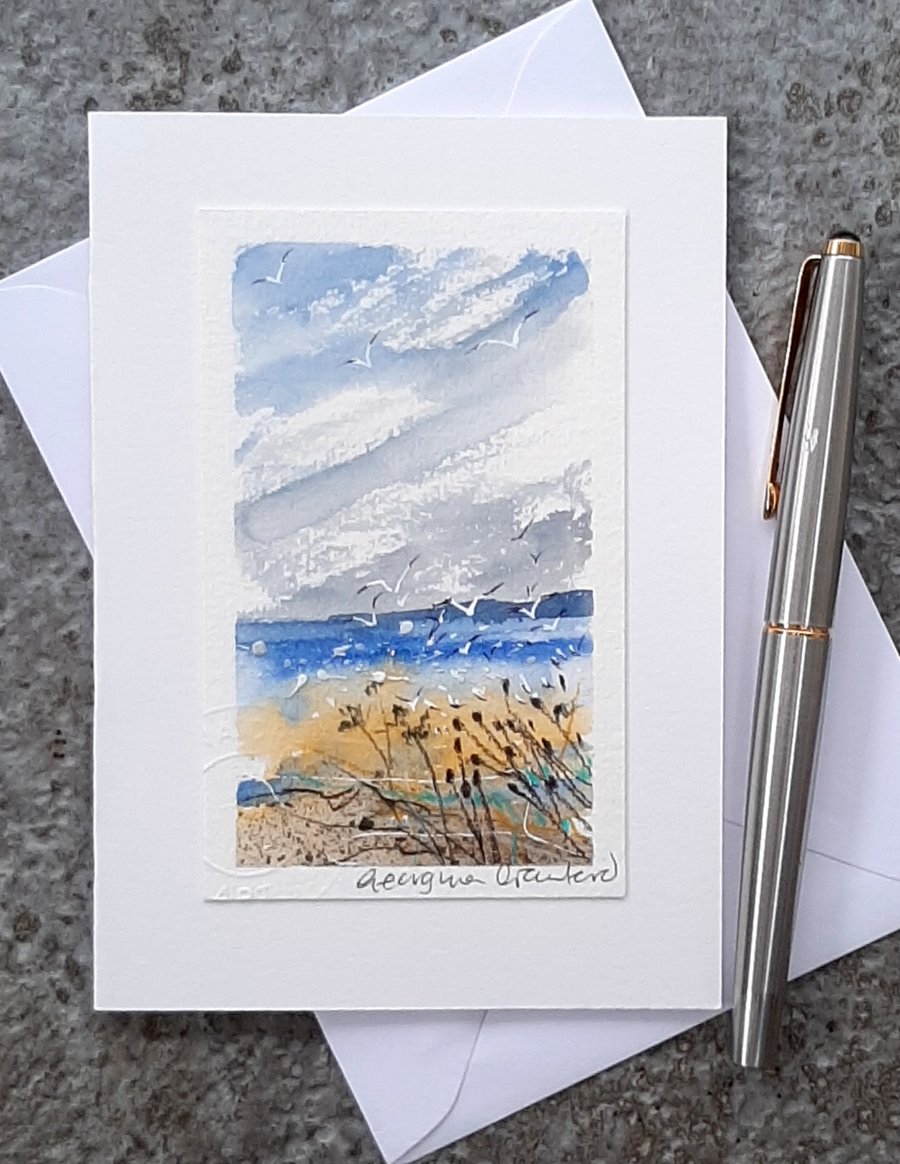 Blank Card. Handpainted. Seedheads and Beach