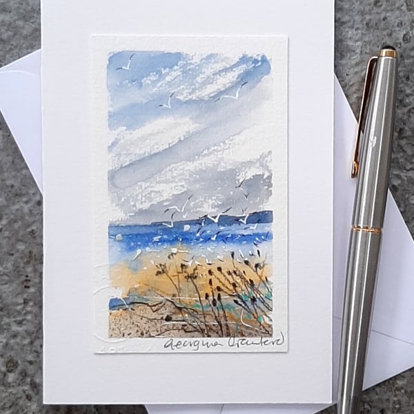 Blank Card. Handpainted. Seedheads and Beach