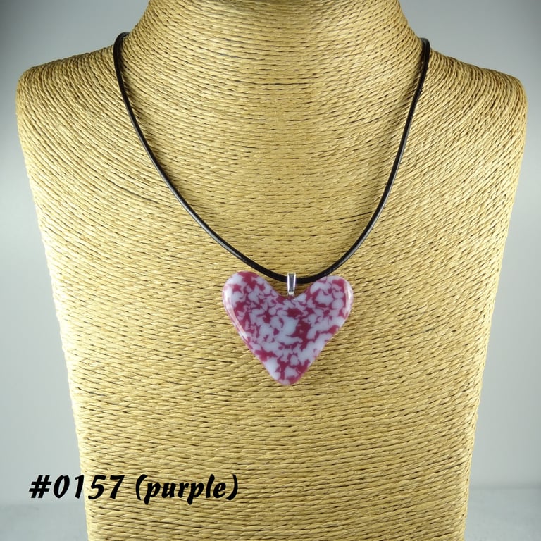Purple handcrafted fused glass heart pendant on a black leather cord (0157)