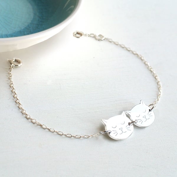 Personalised Sterling Silver Little Twin Cat Faces Bracelet, cat bracelet
