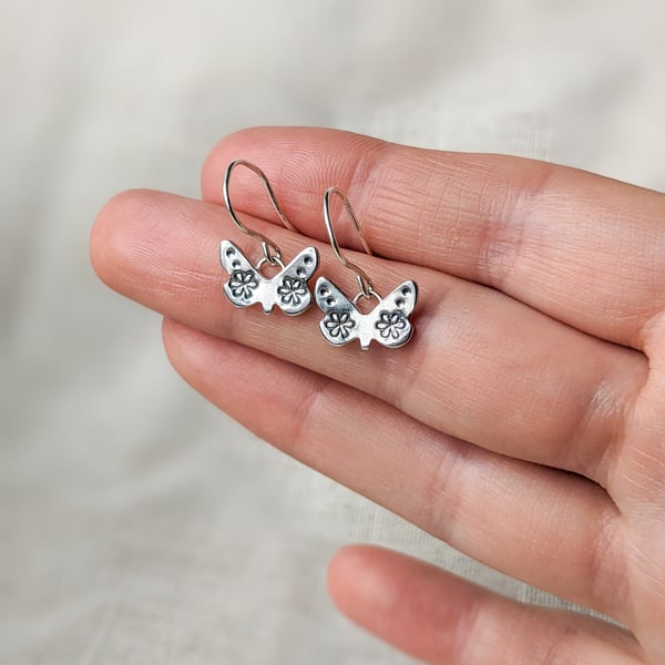 Butterfly dainty drop earrings, handmade sterling silver earrings 