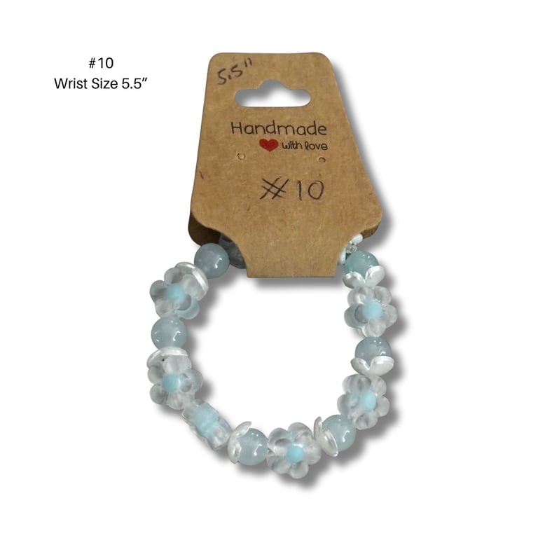 Bracelet 10 – Handmade Clear & Icy Blue Bead Bracelet 5.5” Daisies & Star Charm