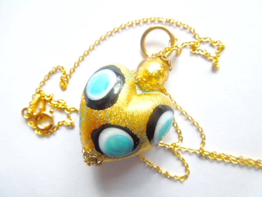 Murano glass gold and turquoise handmade heart pendant with gold chain.