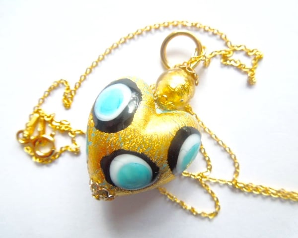 Murano glass gold and turquoise handmade heart pendant with gold chain.