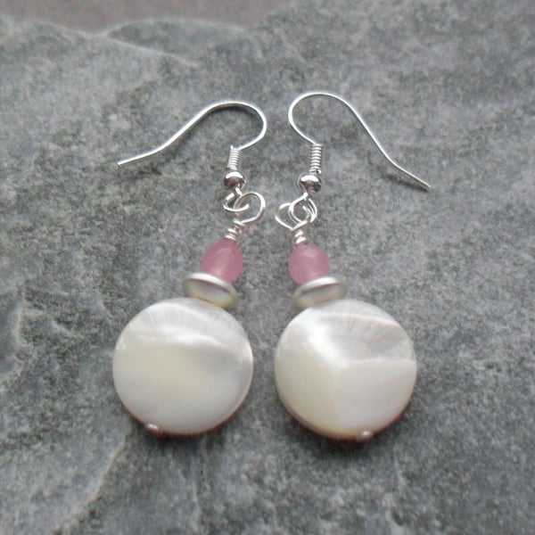 Mother Of Pearl Haematite And Pink Quartz Silver Plated Shell Earrings