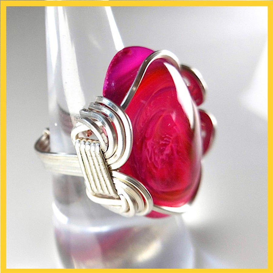 Pink cabochon Ring, Wire Wrapped Ring, Unique, Hand Crafted