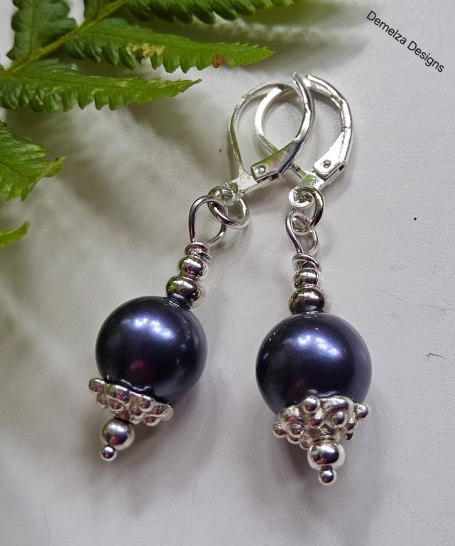 Royal Blue Shell Pearl Silver Plated Earrings 